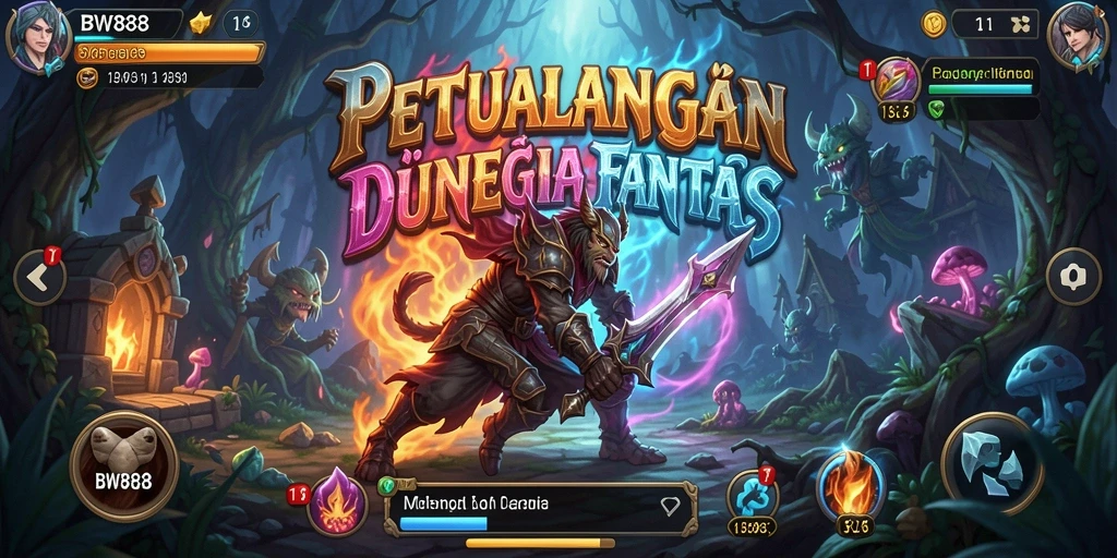 Tangkapan layar utama BW888 menampilkan karakter menjelajahi dunia fantasi.