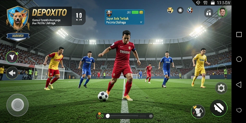 Screenshot utama DEPOXITO menampilkan aksi seru dalam permainan sepak bola.