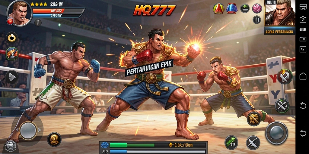 Tangkapan layar gameplay HQ777 menampilkan pertarungan seru di arena.