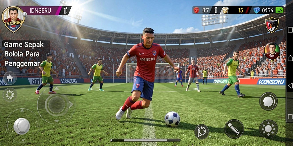 Screenshot IDNSERU dengan gameplay sepak bola yang intens.