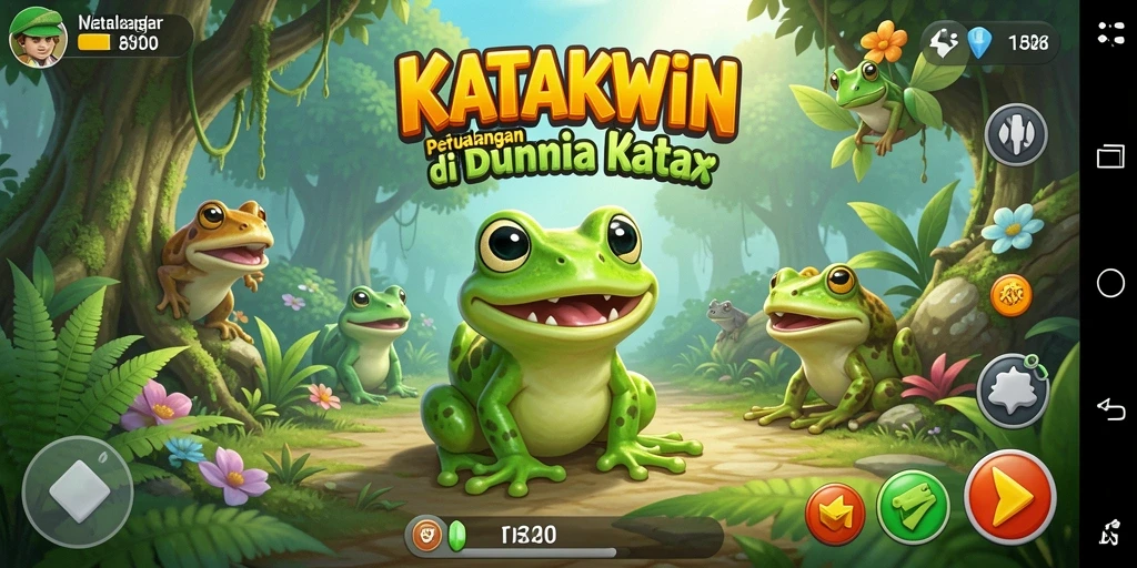 Screenshot KATAKWIN menampilkan aksi seru petualangan katak.