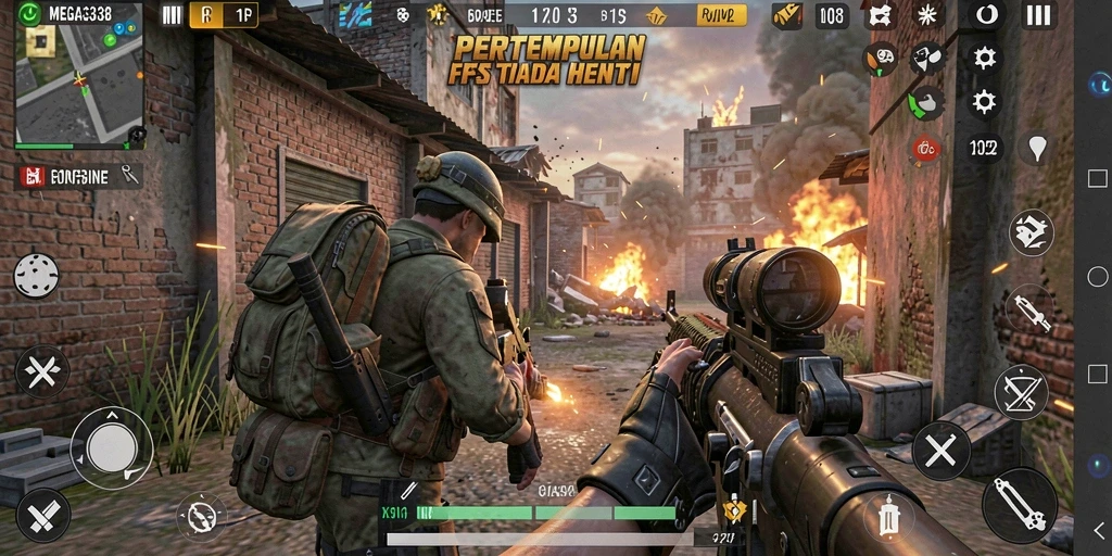 Tampilan gameplay seru dalam pertempuran FPS di MEGA338.