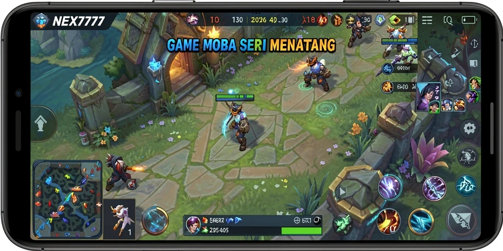Tangkapan layar NEX777 menampilkan aksi pertempuran seru dalam game MOBA.