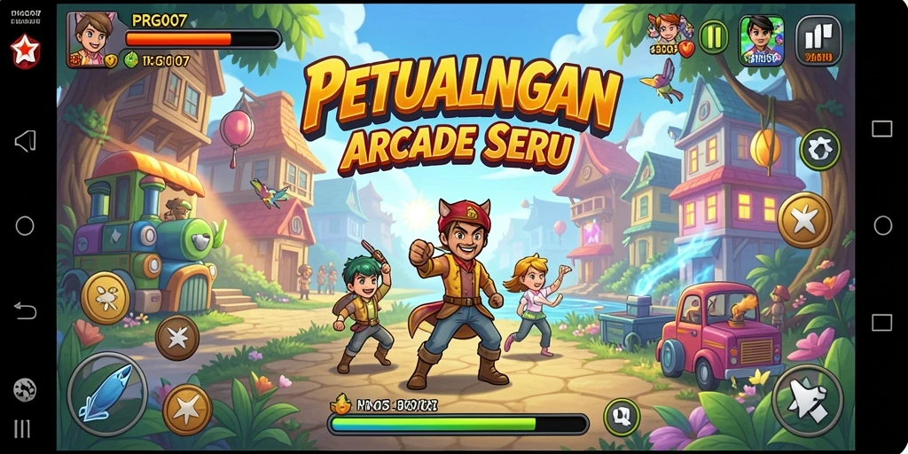 Tangkapan layar PRG007 yang menunjukkan aksi gameplay Arcade yang seru.