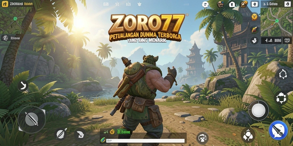 Tangkapan layar gameplay ZORO77 yang menampilkan eksplorasi dunia terbuka yang indah.